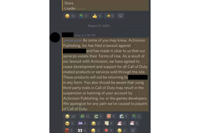Screenshot Discord dari layanan program cheat di Call of Duty