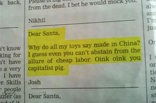 Hahaha dia ngeluh ke Santa kalau mainannya buatan Cina semua Kwikku, Hahaha dia ngeluh ke Santa kalau mainannya buatan Cina semua