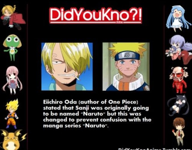 Odasensei Akan Memberi Nama Sanji Sebagai Naruto tetapi Serial Naruto Tayang Sehingga Tidak Jadi Namun Jika Odasensei Tetap Memakai Nama Naruto Masashisensei Akan Mengganti Nama Pemeran Utamanya Menjadi Menma atau Shinachiku Kwikku, Odasensei Akan Memberi Nama Sanji Sebagai Naruto tetapi Serial Naruto Tayang Sehingga Tidak Jadi Namun Jika Odasensei Tetap Memakai Nama Naruto Masashisensei Akan Mengganti Nama Pemeran Utamanya Menjadi Menma atau Shinachiku