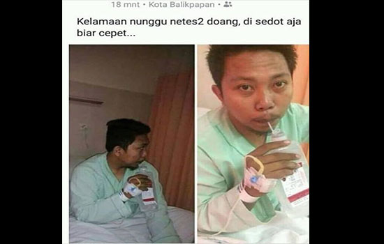 Bukannya menggunakan infus dengan semestinya si abang yang satu ini malah meminum infusan tersebut dengan cara yang sangat gokil Kwikku, Bukannya menggunakan infus dengan semestinya si abang yang satu ini malah meminum infusan tersebut dengan cara yang sangat gokil